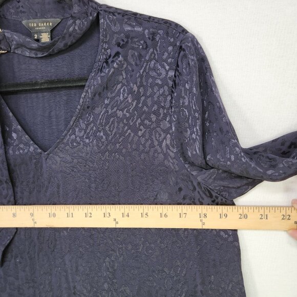 Ted Baker Satin Blouse Size 2 Dark Leopard Long Sleeve Jacquard Top Choker Neck - Picture 5 of 13